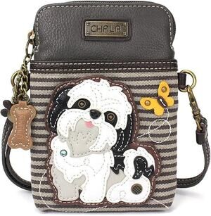 Chala Faux Leather Cellphone Crossbody Purse - White Shih Tzu - Gray Stripe NWT